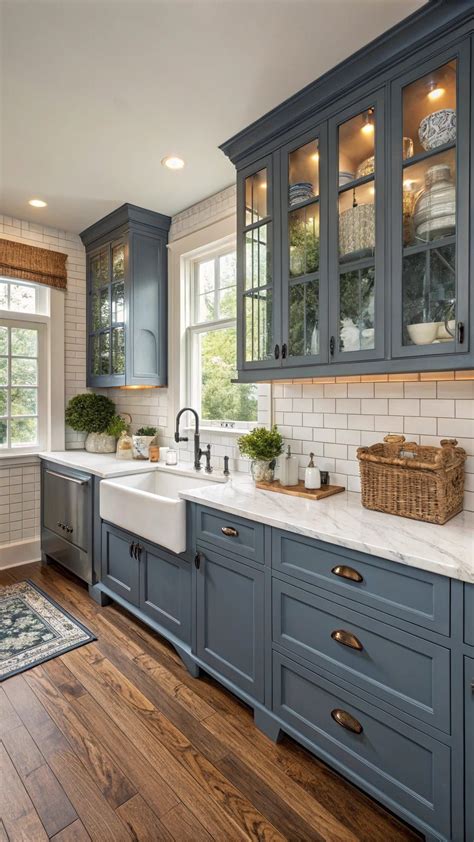 Charming Blue Cabinets with Warm Wooden Floors in 2025 | Kitchen ...