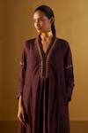 Buy Wine Silk Embroidery V-neck Sashiko Raw Kurta For Women by Shorshe ...