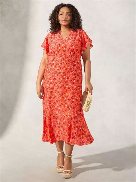 Live Unlimited Curve Floral Print Midi Dress, Red/Multi at John Lewis ...