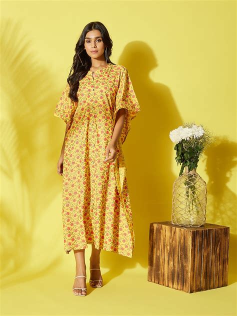 Yellow Red Floral Kaftan Dress
