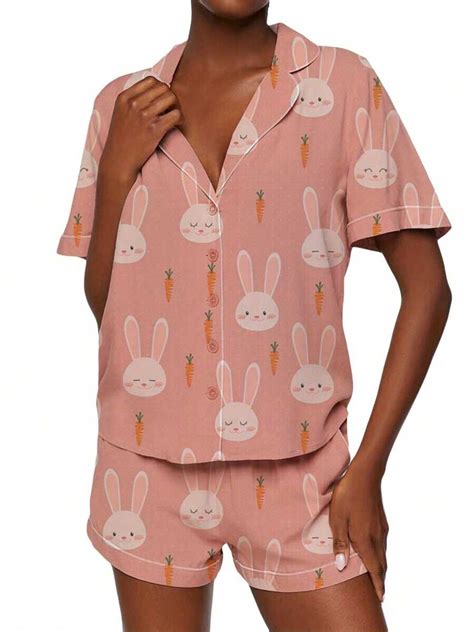 Women's Rabbit/Carrot Print Pajamas Preppy 2 Piece Button Front Sleep ...