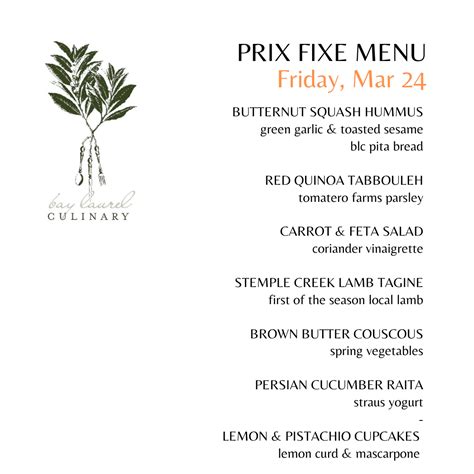 PRIX FIXE MENU - 3/24 Spring Lamb is Here! - Bay Laurel Culinary