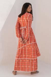 Buy Orange Royal Georgette Printed Checkered V Neck Tiered Dress For ...