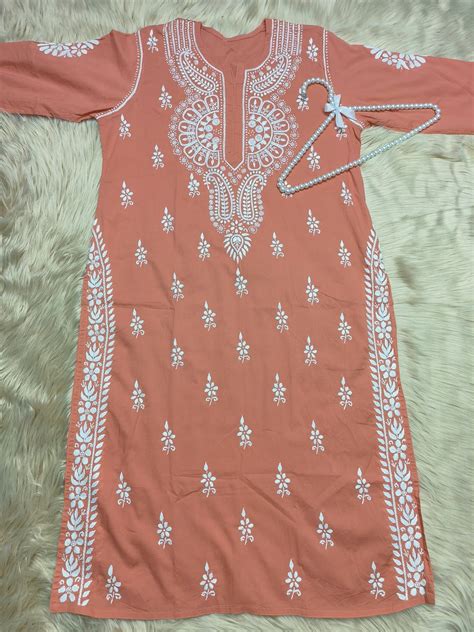 Rust Hand Embroidered Cotton Chikankari Kurta – R S CHIKANKARI