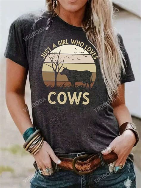 Women Casual Cow & Slogan Printed Short Sleeve Round Neck T-Shirt ...