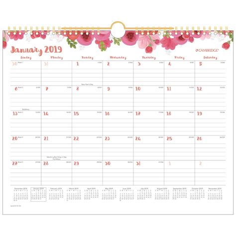 Cambridge 2019 Monthly Wall Calendar, 15" x 12", Medium, Wirebound ...