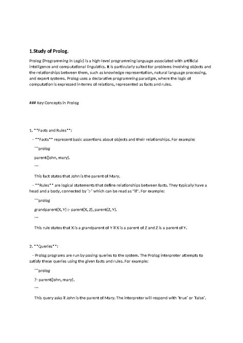 Prolog Programming Concepts and Applications (CS101) - Studocu