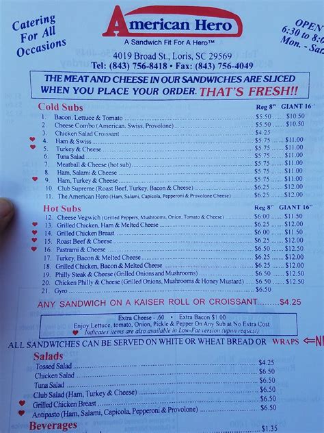 Menu at American Hero Subs & Bagels restaurant, Loris