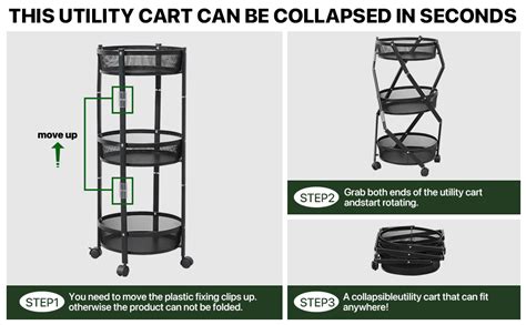 Kiesh 3-Tier Metal Storage Rolling Cart, Foldable Utility Cart on ...