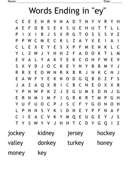 Phonics T2W1 -ey words Word Search - WordMint