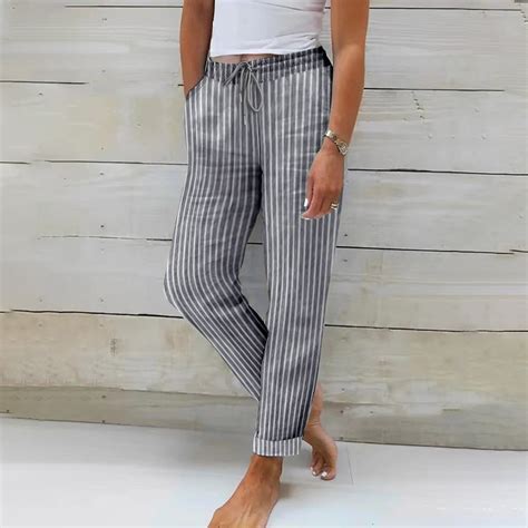 IDALL Linen Pants Women Petite Pants Women Summer Striped Linen And ...