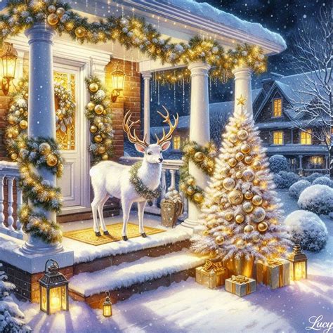 Snow-covered front porch adorned for Christmas - online puzzle