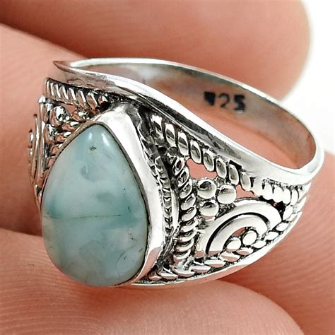 Sterling Silver Natural Larimar New Cocktail Ethnic Throat Chakra Ring ...