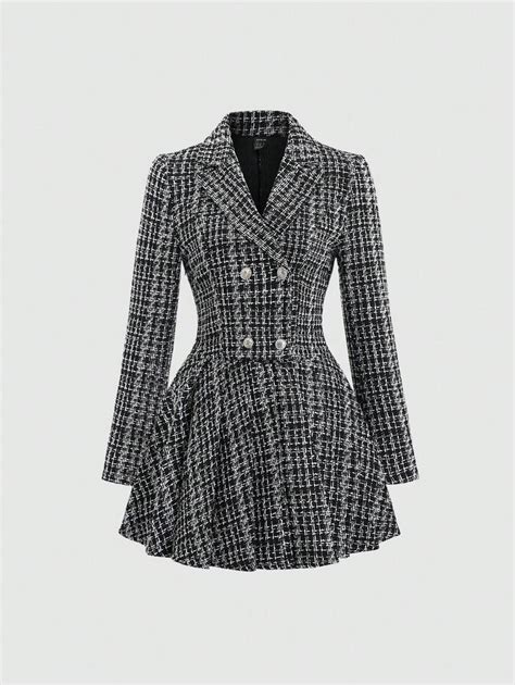 Sweetra Women's Double-Breasted Long Sleeve Dress Tweed Women Outfit ...