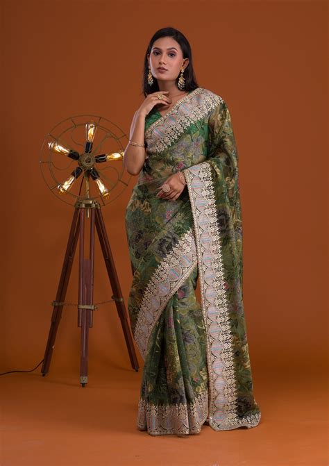 Buy Leaf Green Printed Tissue Saree - Koskii