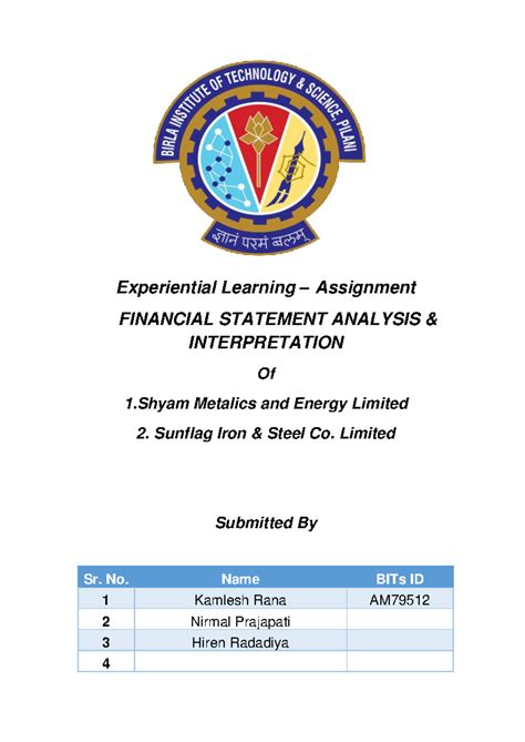 Shyam Metalics - analysis report - Experiential Learning – Assignment ...