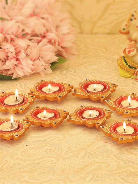 Buy | Set of 8 Red & Gold-Coloured Textured Diyas | Tied Ribbons