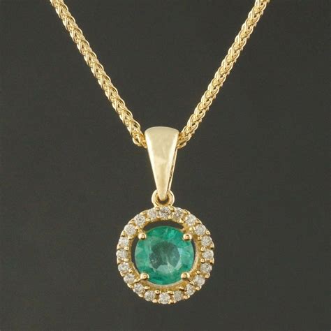 Solid 14K Yellow Gold .80 Ct Emerald & Diamond, Round Halo Pendant 16 ...