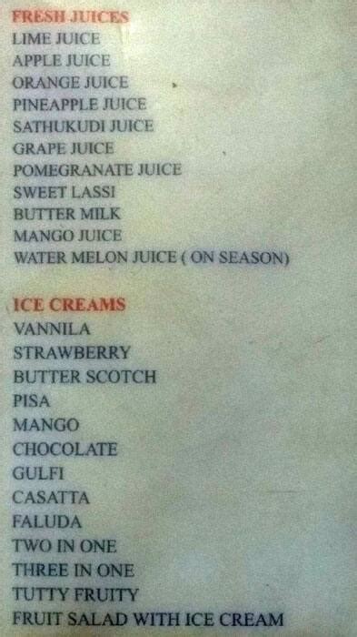 Menu at Muniyandi Vilas, Chengalpattu