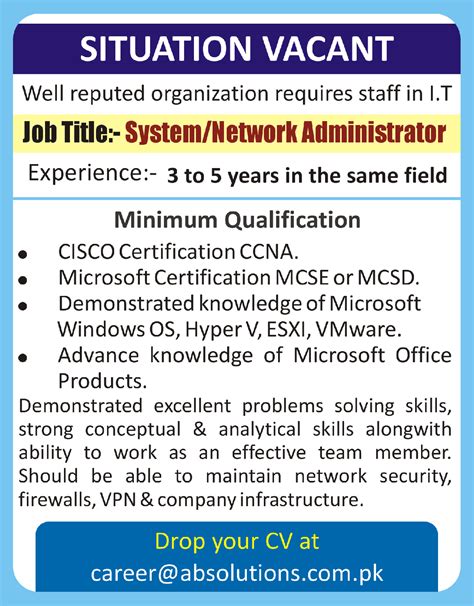 System And Network Administrator Required In Reputed Organization Jobs 09 November 2019 ...