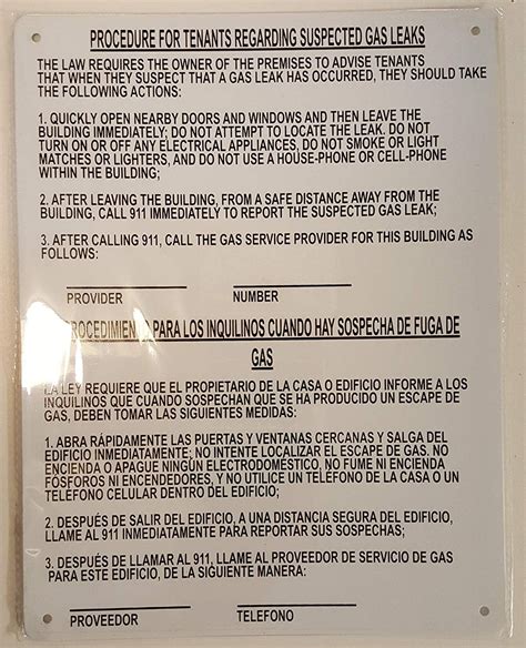 HPD Gas Leak Notice English/Spanish (8.5x11, White) - Walmart.com