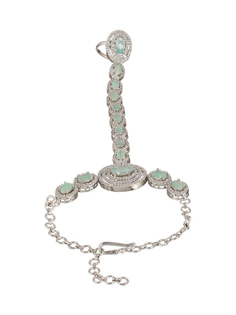 Mint Green American Diamond Halo Link Silver-Plated Hathphool – Priyaasi