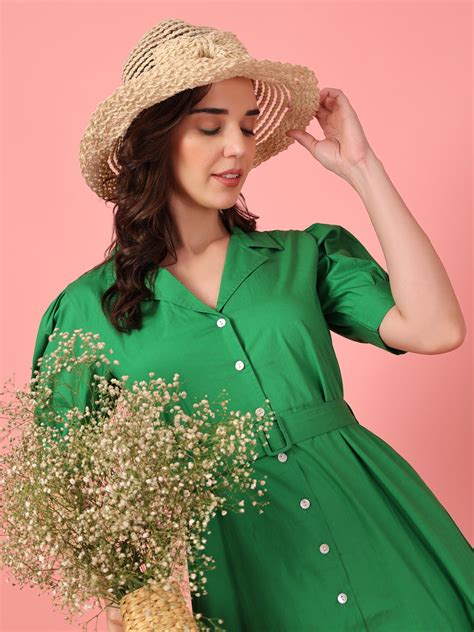 Emerald Green Belted Shirt Dress with Puff Sleeves for Women – GulabiDress