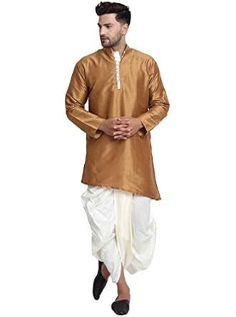 Buy SKAVIJ Men's Art Silk Self Design Dhoti Kurta Set Mandarin Collar ...