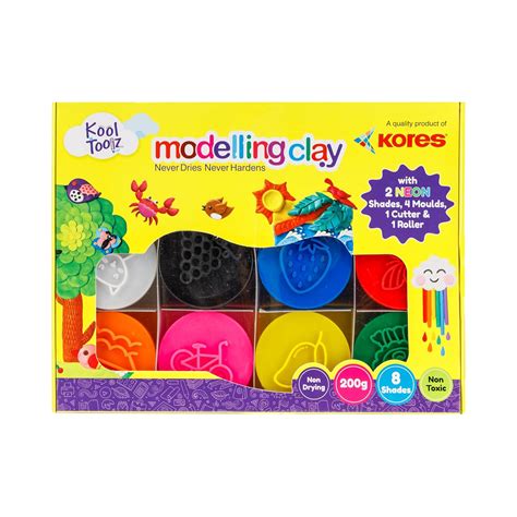 Kores Kool Toolz Modelling Clay - 200 G With 2 Neon Shades 4 Moulds 1 ...