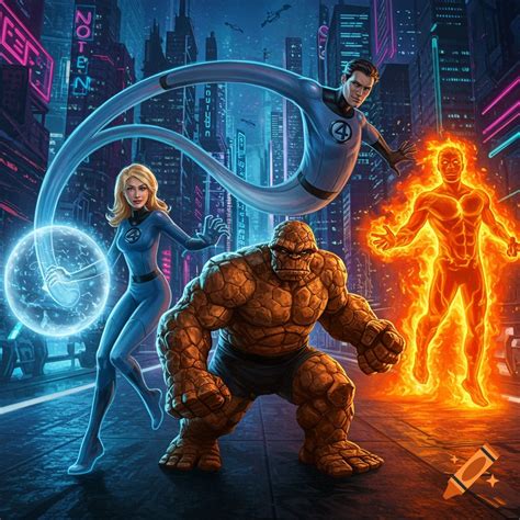 The Fantastic Four superheroes pose in a city, featuring Mr. Fantastic ...