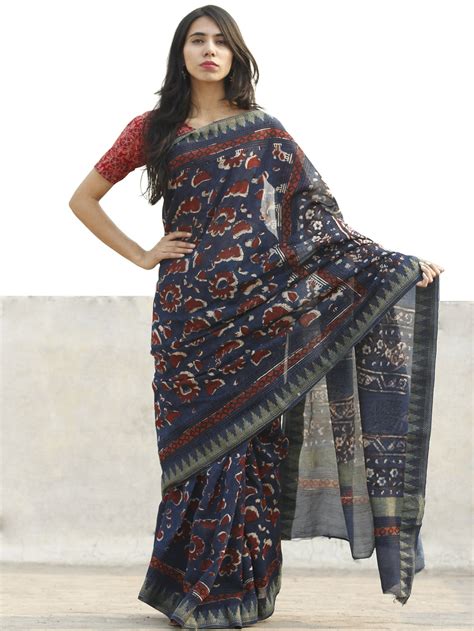 Indigo Black Red Chanderi Silk Hand Block Printed Saree With Geecha Bo ...