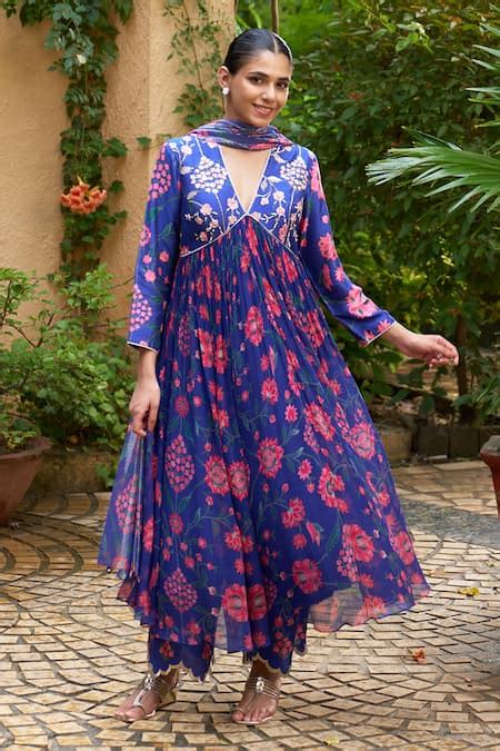 Buy Blue Chanderi Print Floral V Neck Azalea Anarkali With Pant For ...