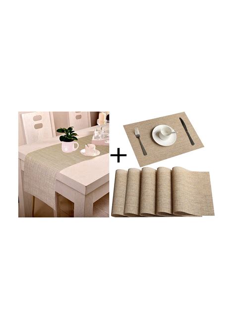 Get Grey Jacquard Waterproof 6 Pvc Placemats And Runner Set (Pack Of 7 ...