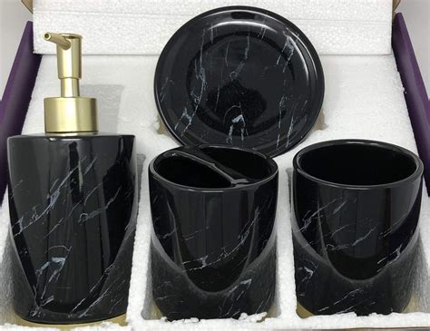 Buy WPM 4 Piece Ceramic Bathroom Accessories Set - Marble Look Black ...
