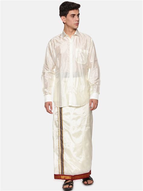 Men Full Sleeve Cream Colour Shirt and Pocket Dhoti Set – SETHUKRISHNA