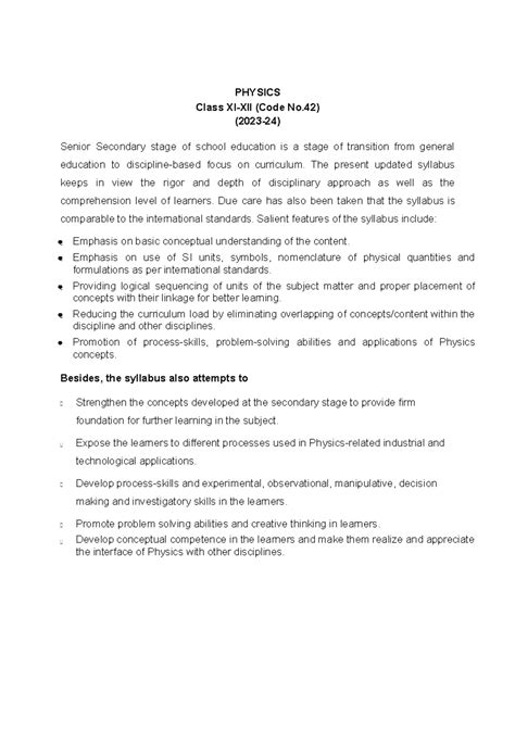 Physics Class XII (Code No. 042) Syllabus Overview 2023-24 - Studocu
