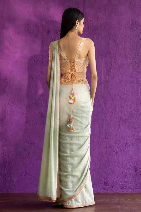 Buy Green Dobby Georgette, Silk Brocade Sequins, Pre-stitched Saree ...