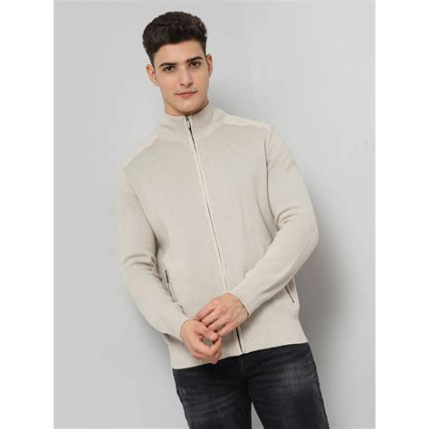 Cream Solid Cotton Sweater – celio.in