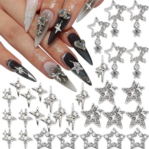 Amazon.com: RODAKY 30PCS Star Nail Charms Silver Stars Nail Gems 3D ...