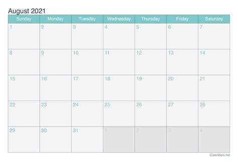 August 2021 Printable Calendar - icalendars.net