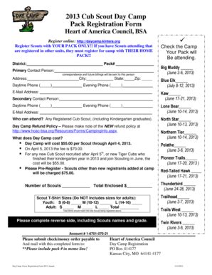 Fillable Online hoac-bsa 2013 Cub Scout Day Camp Pack Registration Form ...