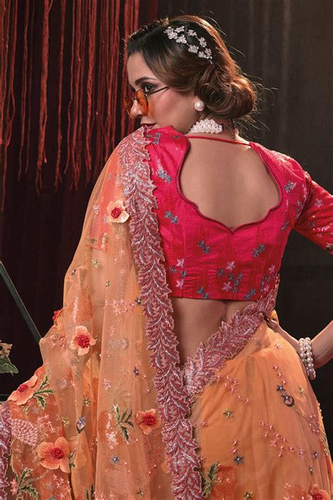 Buy Karagiri Glittery Orange Digital Net Saree With Blouse Piece online ...
