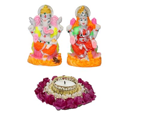 Buy Majik Ganesha and Lakshmi Murti with Flower Decorative Diya Candle ...