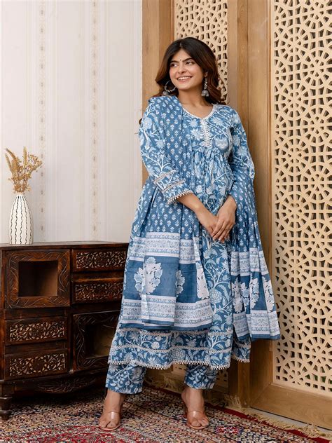 Blue Floral Printed Anarkali Kurta And Trouser With Dupatta – Trendphoria