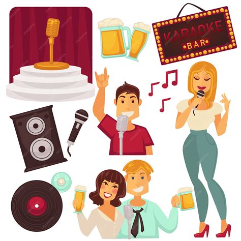 Premium Vector | Karaoke bar elements set with singing people.