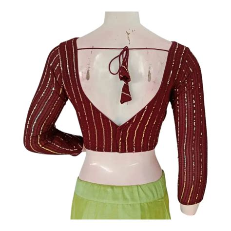Dark Maroon Color Sequin Blouse with 3/4 Sleeves - A Touch of Drama ...