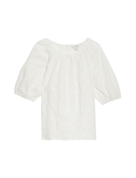 Buy Pure Cotton Broderie Puff Sleeve Blouse at Marks & Spencer