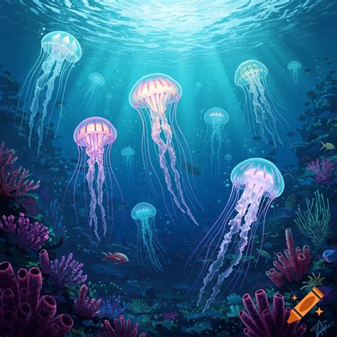 A fantasy aquatic alien creature swims among kelp and coral in deep ...