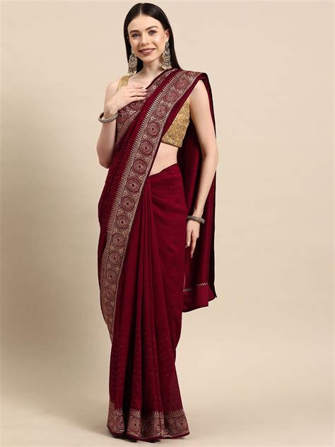 Buy Burgundy Embroidered Silk Blend Saree Online at Rs.2529 | Libas