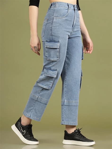 Women Blue High-Rise Clean Look Cotton Cargo Style Jeans – CINK